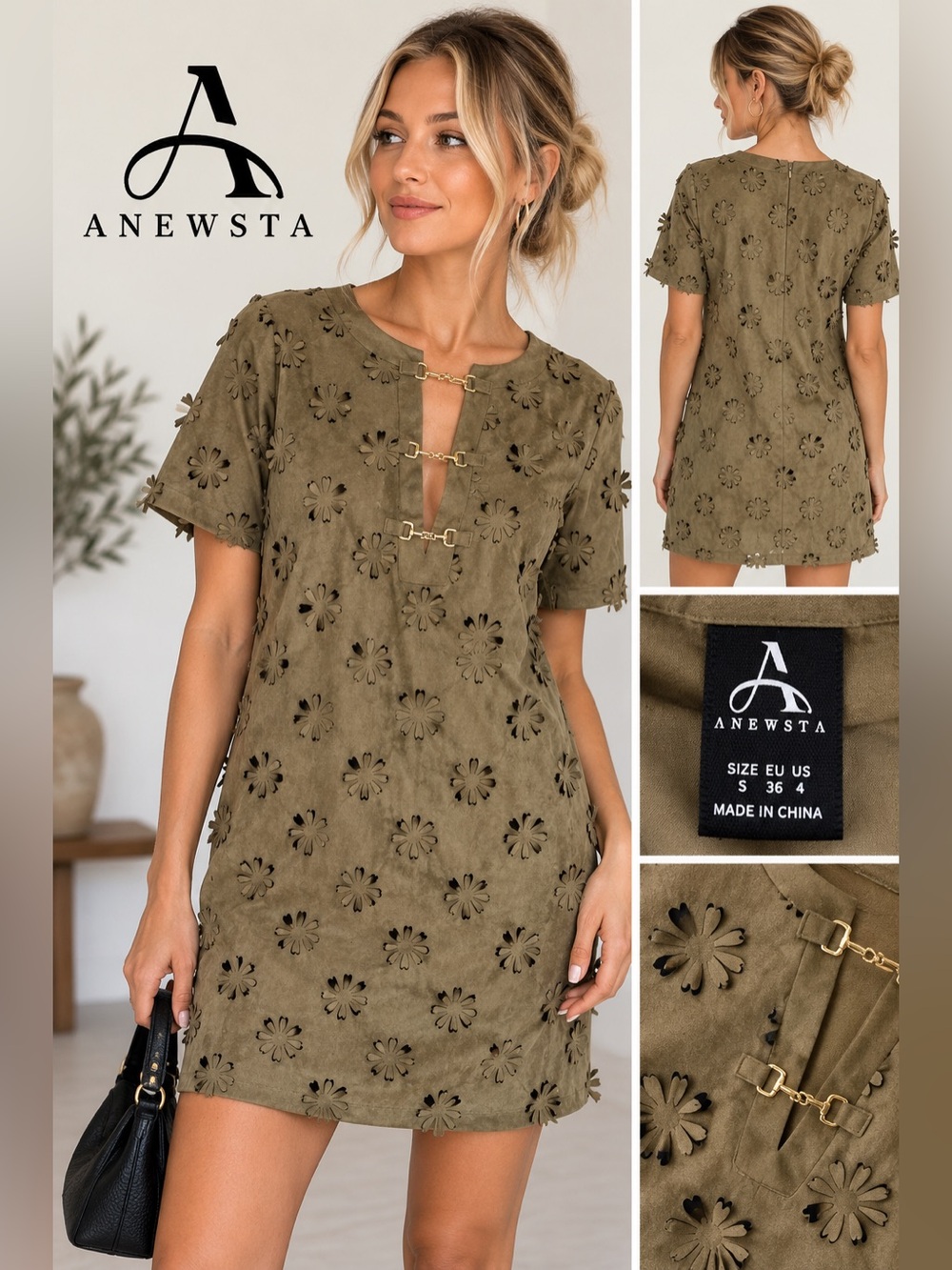 Anewsta Laser-Cut Floral Suede Mini Dress Olive/Tan Size S